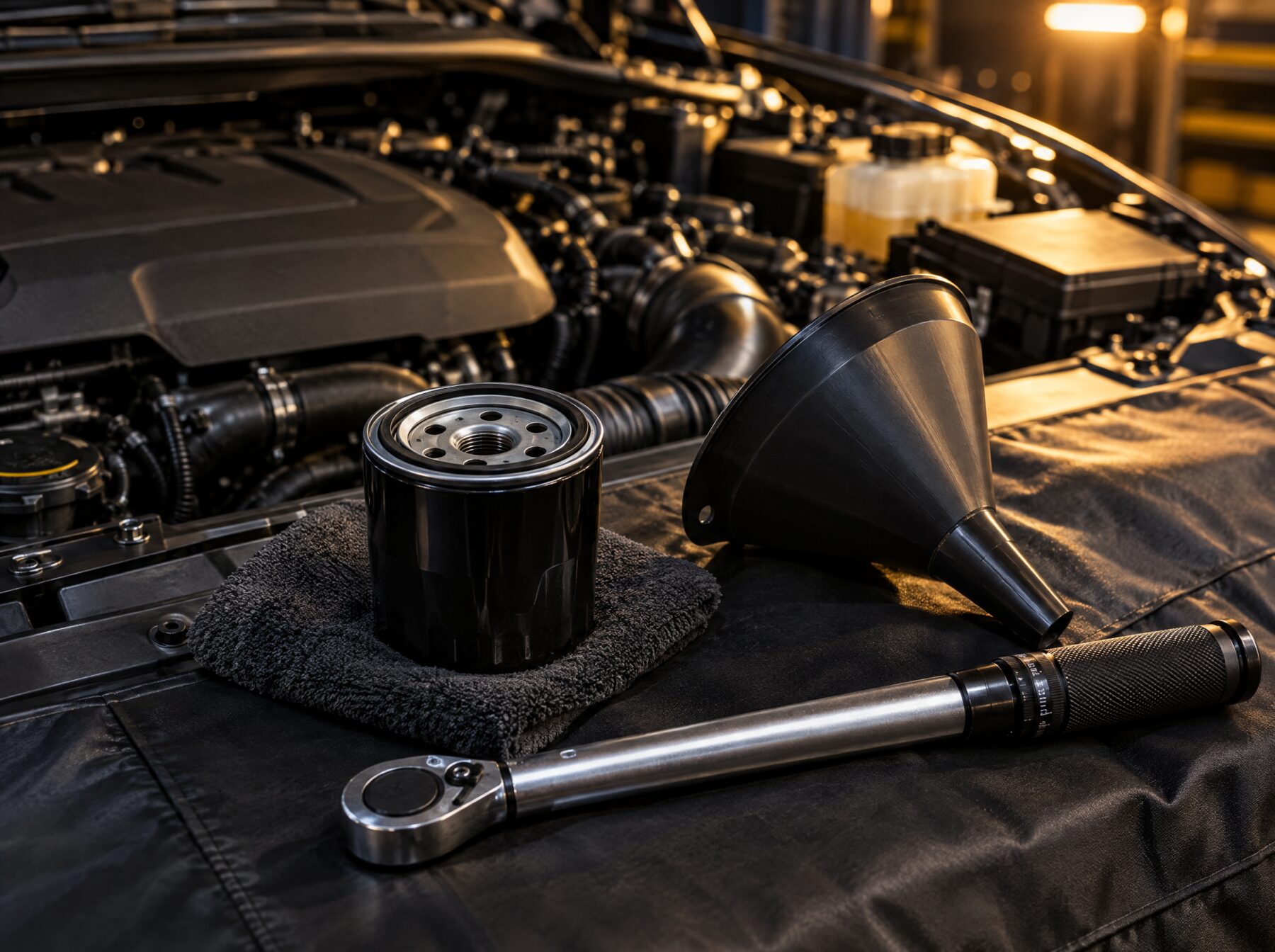 Motorraum während der Inspektion mit neuem Ölfilter